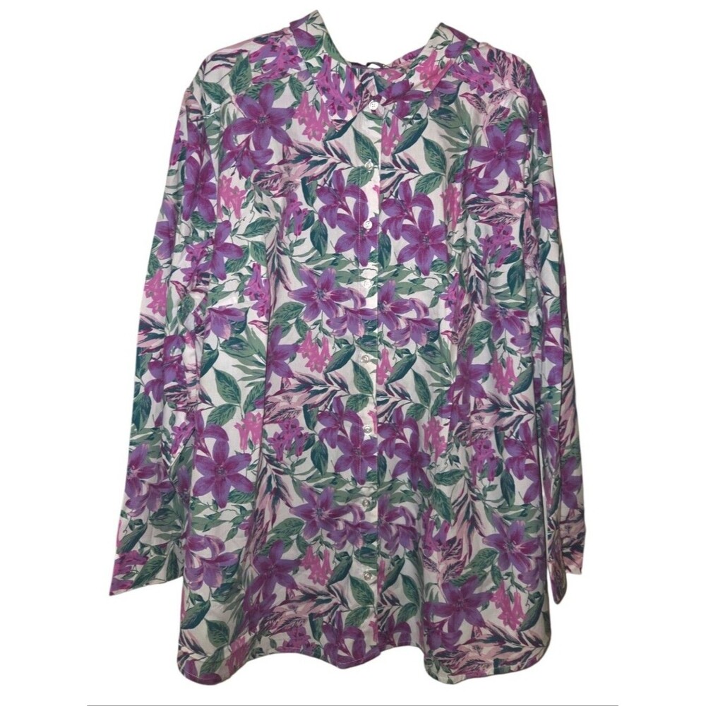 Roamans Purple Floral Plus Size Button Down Blouse